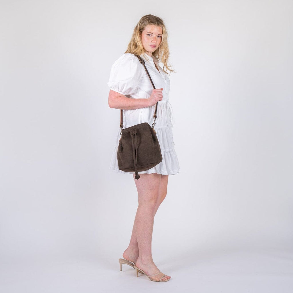 ABBY LEATHER BUCKET BAG - CHOCOLATE SUEDE