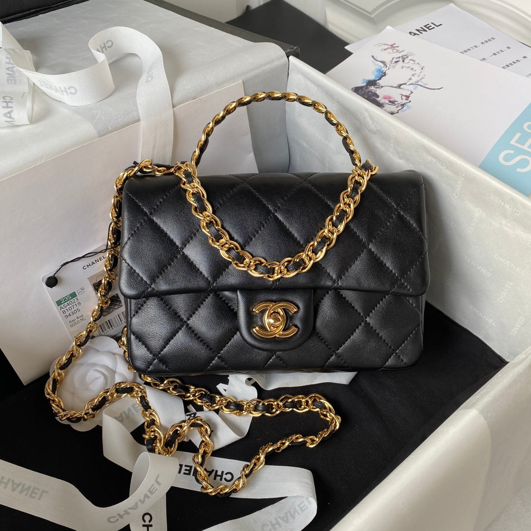 Chanel Flap Bag Gold Top Handle Black - 13X21X8cm