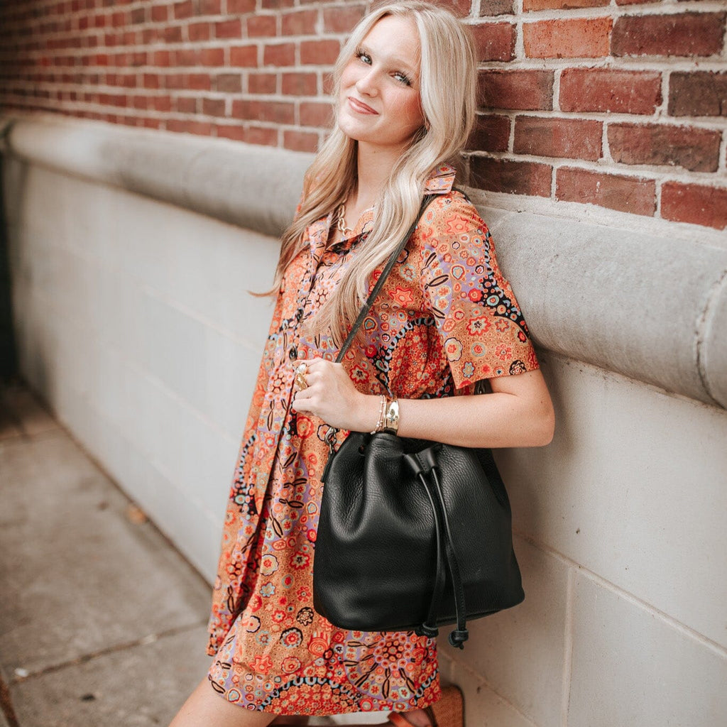 ABBY LEATHER BUCKET BAG - BLACK | BLACK STRAPS